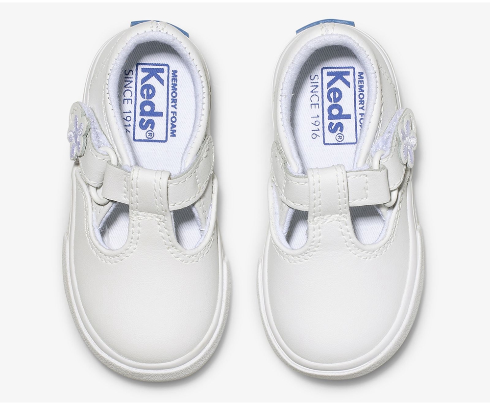 Keds Kids Slip Ons White - Daphne T-Strap Leather - 695UVFHYB